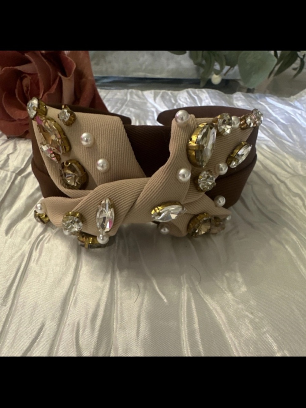 Embellished Brown & Beige Knotted Headband with Pearls and Crystals